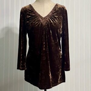 Faded Glory Ladies Velvet Top Beaded V-Neck L 12/14 Poetcore Neo-Nostalgia Brown